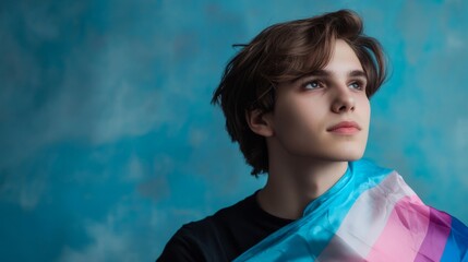 Portrait of Individual with Transgender Pride Flag on Shoulders