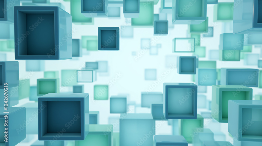 Fototapete A 3D render showcasing six geometric shapes in varying sizes falling on a green background with cubes and dynamic lines, ideal for tech-themed visuals and abstract design compositions.

