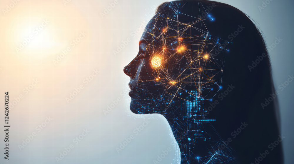 Poster futuristic digital interface showcasing artificial intelligence and neural networks in woman profile