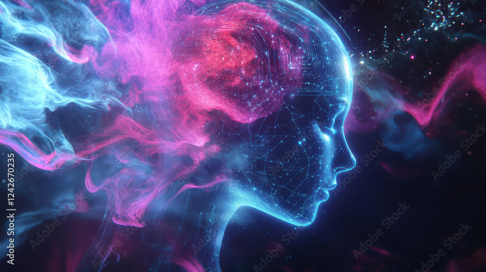 Poster futuristic digital interface showcasing artificial intelligence and cosmic elements, blending vibran