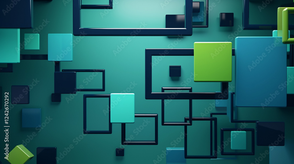 Poster A 3D render showcasing six geometric shapes in varying sizes falling on a green background with cubes and dynamic lines, ideal for tech-themed visuals and abstract design compositions.

