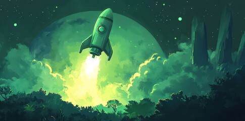 Fototapeta premium Green Rocket Launches From Lush Alien Planet