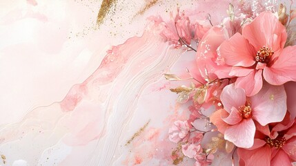 Valentine mockup card and heart background minimal. Floral Arrangement of Elegant Pink Blossoms with Golden Splatter Delicate Artistic Expression.
