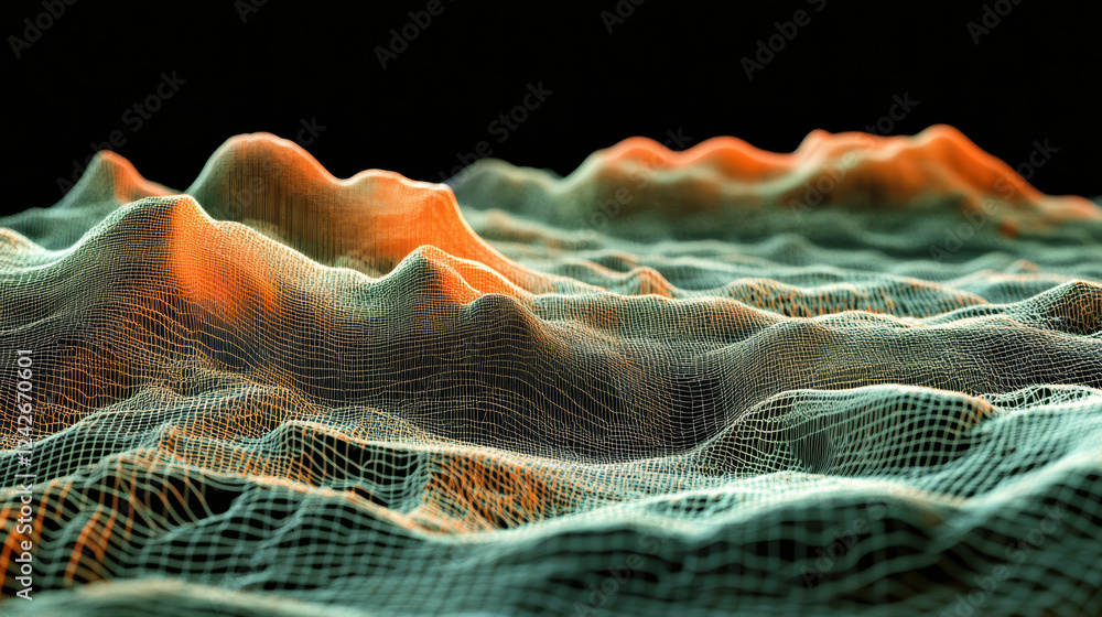 Poster futuristic digital landscape with abstract representation of mountains and waves, showcasing intrica