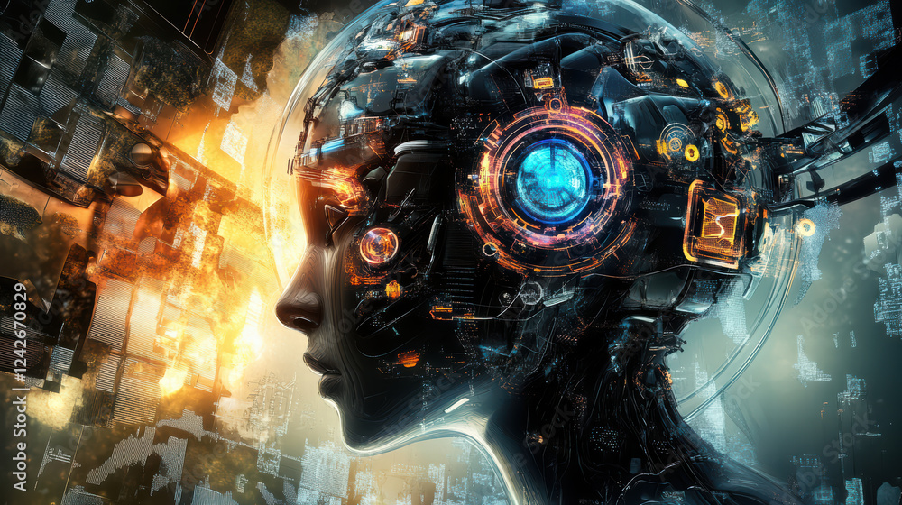 Poster futuristic representation of interconnected ai systems, showcasing robotic head with intricate circu