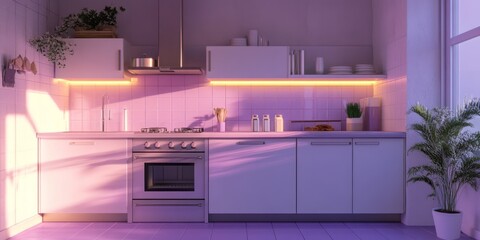 Modern Minimalist Kitchen Illuminated by Sunset Hues