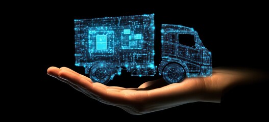 Hand holding a digital holographic model of a delivery truck.
