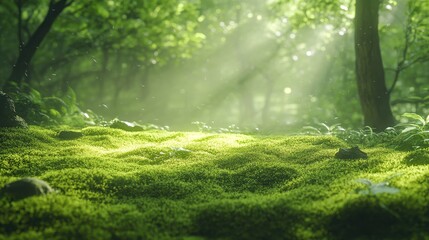 Serene Moss-Covered Forest with Vibrant Green Light and Atmosphere