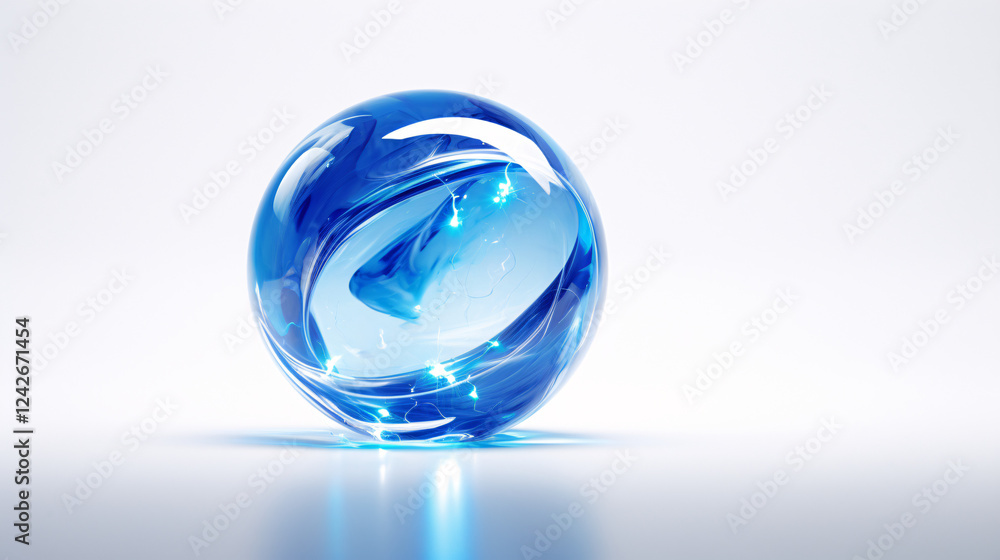 Poster a 3d render of a glass blue sphere floating on a white background, ideal for high-tech presentations