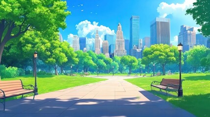 Obraz premium Sunny cityscape view from a park with benches, trees, and pathways.