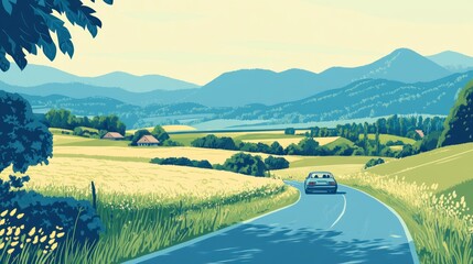 Obraz premium Scenic countryside road trip, car driving through vibrant green fields and mountains.