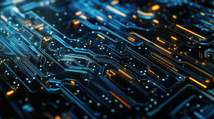 Futuristic circuit board with glowing lines and patterns, showcasing intricate technology and digital design. vibrant colors create dynamic and modern atmosphere