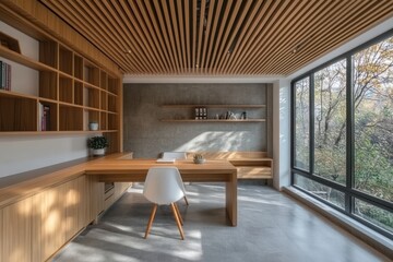 Modern wooden office, desk, window view, autumn trees, workspace