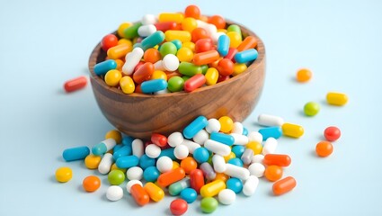 Stock photo of a beautifully crafted wooden bowl  filled to the brim with a vibrant assortment of pills and capsules