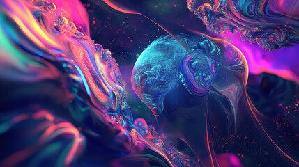 vibrant abstract representation of cosmic scene, featuring swirling colors and textures surrounding planet. artwork evokes sense of wonder and exploration in futuristic setting