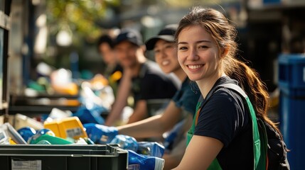 Team Sorting Recyclable Materials with Smiles and Dedication