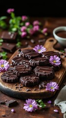 Delicious chocolate cookie platter adorned with edible flowers and a rich chocolate drizzle for a delightful treat.