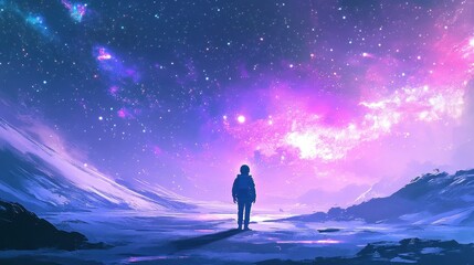 Obraz premium Astronaut Gazes at a Vibrant Purple Nebula Over a Frozen Landscape