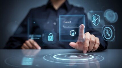 businessman pressing the virtual button MFA, multi-factor authentication. cloud computing concept, cloud technology, Saas, Paas, Iaas. AWS Services  