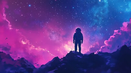 Fototapeta premium Astronaut standing on a hill gazing at a starry sky