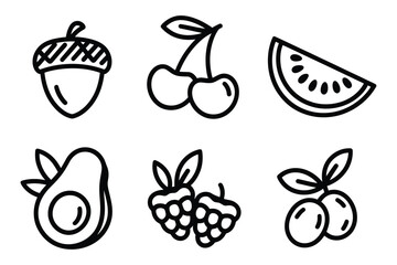 Fototapeta premium Minimalist fruit line icons set of 6 vector elements, organic food symbols including cherry watermelon avocado and berries, black outline fruit illustrations for healthy lifestyle branding