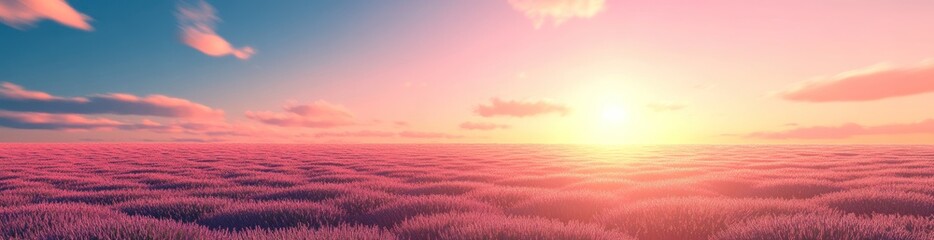 Pink sunset over a vast field of grass.