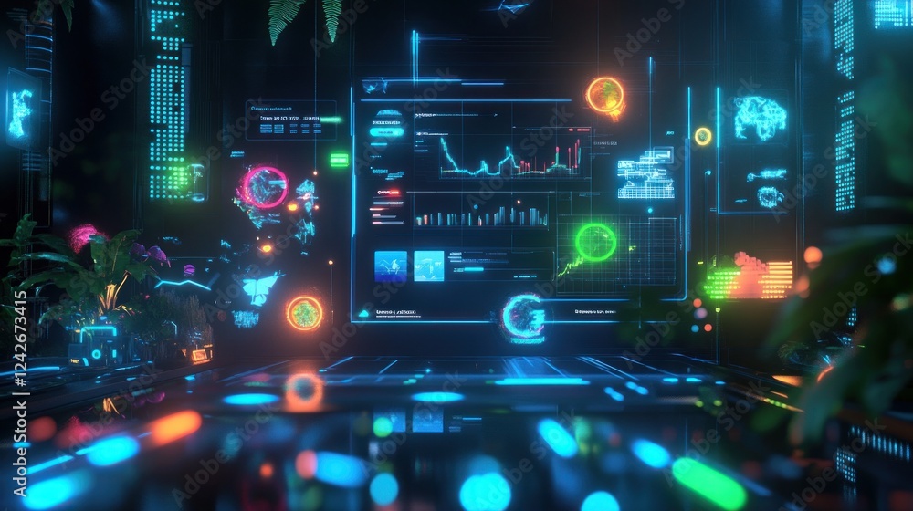 Poster futuristic digital interface with data visualizations and plants.