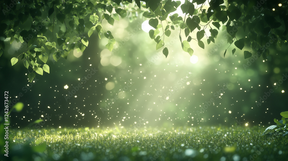 Poster enchanted forest: sunbeams filtering through lush green foliage, creating a magical, ethereal atmosp