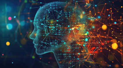 Fototapeta premium Digital human head silhouette with vibrant neural connections and data visualization, representing machine learning and artificial intelligence concepts