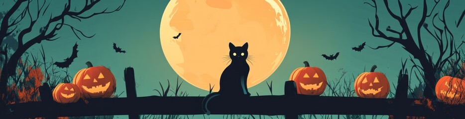 Black cat sitting on fence, pumpkins, full moon, Halloween night.