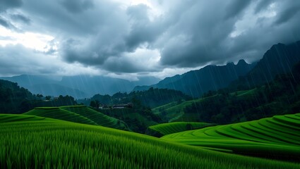 Rolling green rice paddies, rain-swept landscape. Dark, brooding storm clouds dramatically cover a vast sky