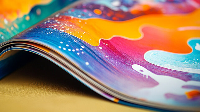 Open sketchbook displaying an abstract colorful painting with vivid orange, blue, and purple hues blending into a fluid artistic composition