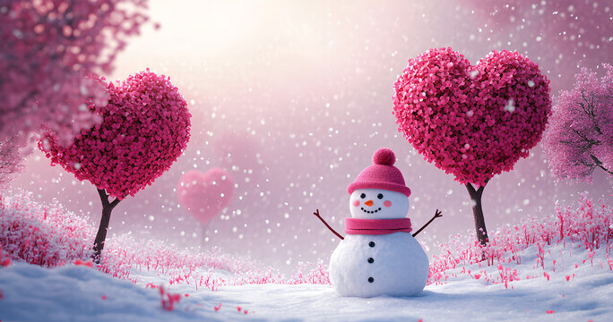 Charming Snowman in a Winter Wonderland with Heart-Shaped Trees