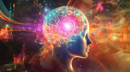 Obraz premium Vibrant visualization of machine learning concepts with glowing brain, showcasing neural connections and abstract patterns, representing fusion of technology and intelligence