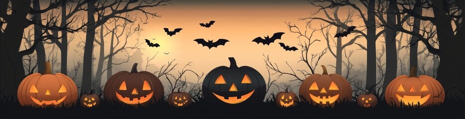 Jack-o'-lanterns in spooky forest at sunset with bats flying.