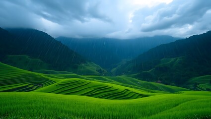 Naklejka premium Rolling green rice paddies, rain-swept landscape. Dark, brooding storm clouds dramatically cover a vast sky