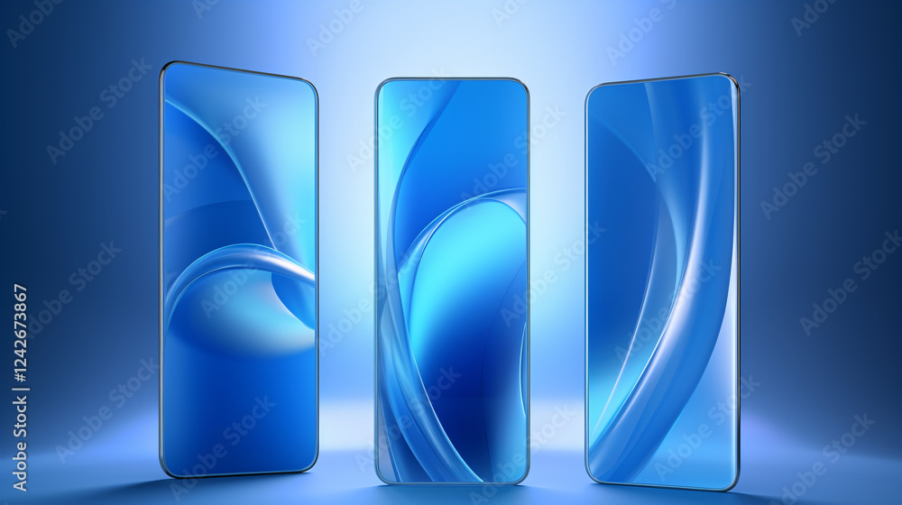 Poster A blue background featuring three curved glass shapes, creating a futuristic and dynamic visual design.

