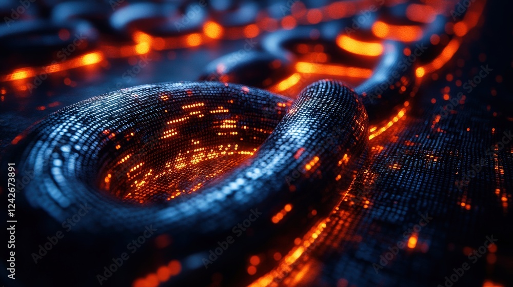 Poster abstract representation of glowing digital chains intertwined on a dark surface, symbolizing connect
