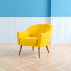  A modern armchair in a room with blue walls and wooden flooring made with AI