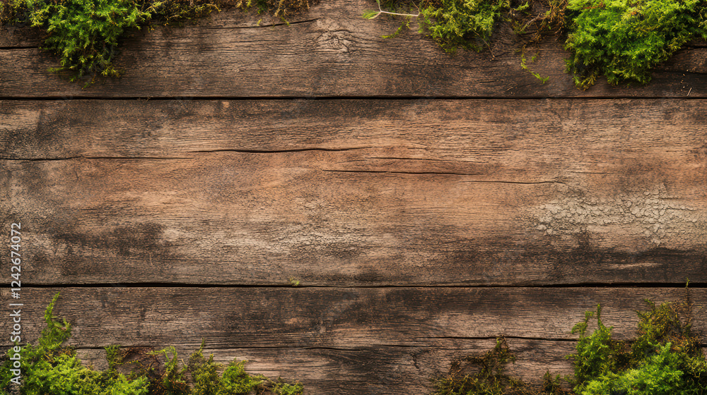 Poster rustic wooden surface with moss, creating natural and inviting space for text. perfect for nature th