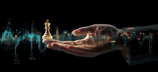 Hand holding golden chess king piece against digital data background.