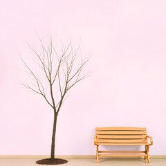 Single tree on the left side of the image, with a wooden bench on the right side