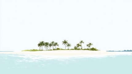 Secluded tropical island with palm trees in a calm ocean under a clear sky.