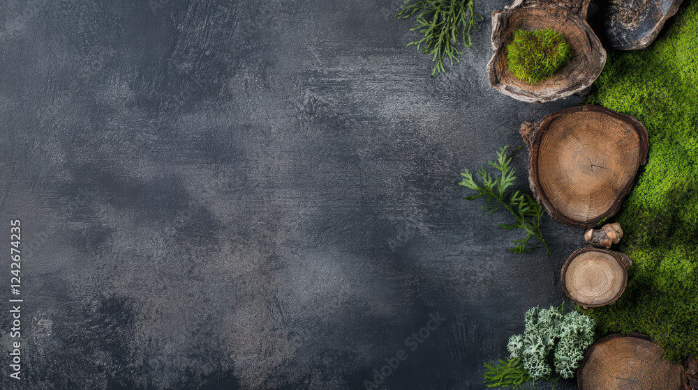 Aufkleber rustic wooden bark and moss create inviting space for text, surrounded by greenery. this natural set