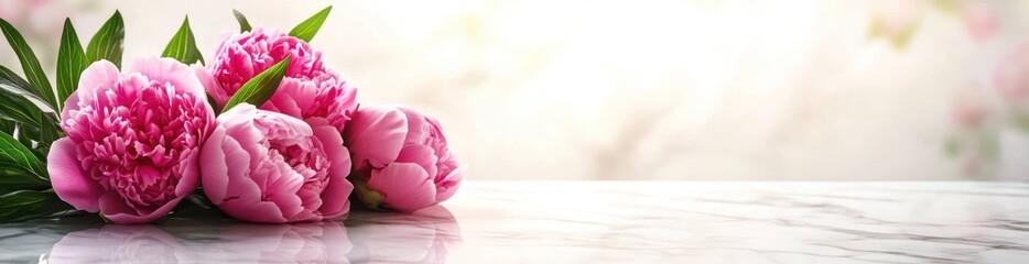 Fototapeta premium Pink peonies on a marble surface with a blurred floral background.