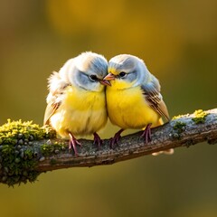 Fototapeta premium High-resolution stock photo of two small birds, one light gray with soft, slightly ruffled feathers and the other bright yellow with smooth, glossy plumage