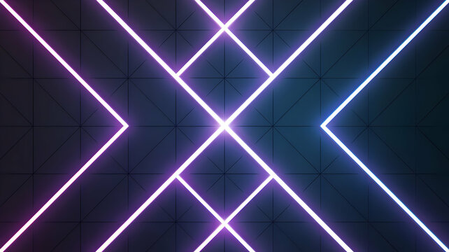 Blue digital futuristic geometric grid pattern with light trails on a city rooftop