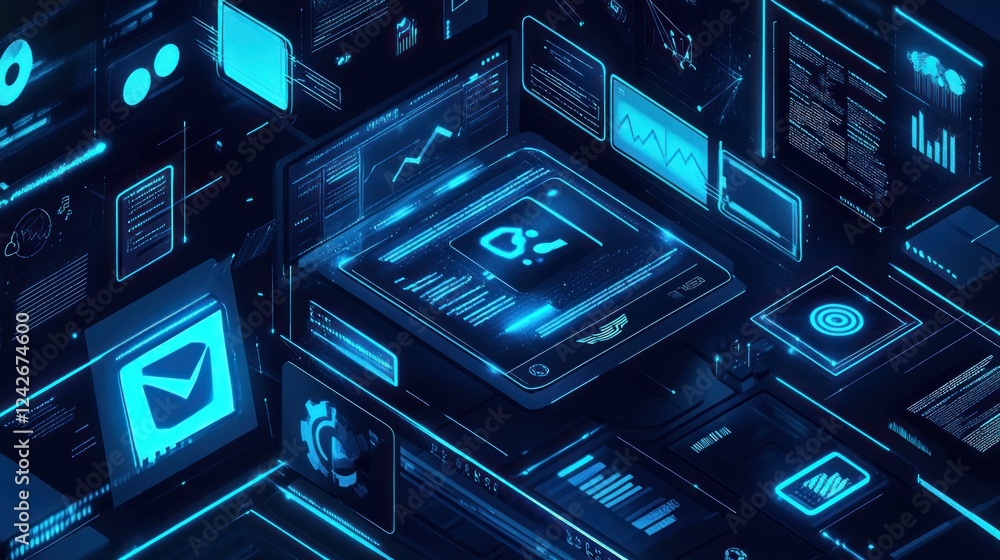 Poster futuristic digital interface with glowing icons and data streams. (1)