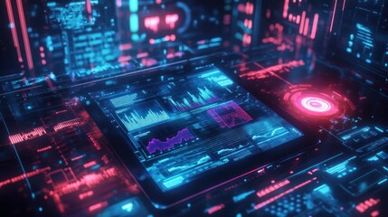 Fototapeta premium Futuristic tablet displaying vibrant data visualizations and graphs, surrounded by digital interfaces.