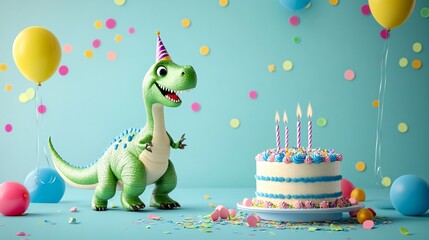 Naklejka premium Happy green dinosaur enjoying a birthday cake and colorful balloons against a blue backdrop